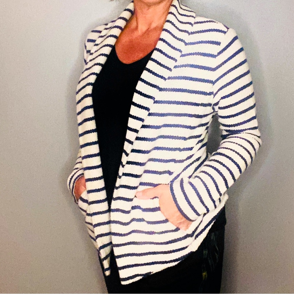 Lou & Grey Women’s Open front Cardigan Blue striped L